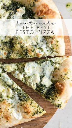 the best pesto pizza is sliced and ready to be eaten