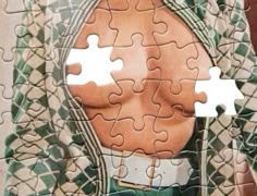 a piece of jigsaw puzzle with a woman's face in the center