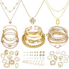 PRICES MAY VARY. [AFFORDABLE JEWELRY SET] : Well-chosen fashion jewelry set, Necklace, Bracelet, Knuckle Rings and ear stud hoop Earrings. Catch the whole lot in an action, enrich your jewelry box. [PERFECT DESIGN] : Made of high quality alloy, plated real gold twice and tarnish-resistant to ensure they can't be faded in a long time, Hypoallergenic and no harm to your body. [EASY MATCH] : The set has various styles, wear together or separately or match it with your other jewelry according to the Anniversary Gift For Friends, Best Anniversary Gifts, Valentine Anniversary, Gold Jewelry Sets, Ear Cuff Earings, Knuckle Rings, Fashion Jewelry Sets, Ear Stud, Valentines Necklace