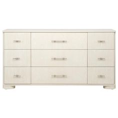 a white dresser with six drawers and two handles on each drawer, in front of a white background