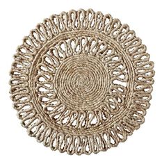 a round woven placemat with an intricate design on the center and sides, in natural colors