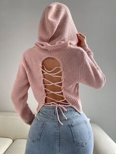 Baby Pink Sexy Collar Long Sleeve Polyester Plain Pullovers Embellished Slight Stretch  Women Knitwear Backless Sweater, Crop Pullover, Hot Sweater, Cropped Pullover, Pullover Outfit, Knitted Hood, Women Sweaters, Sweater Women's, Crop Sweater