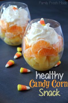 healthy candy corn snack with oranges and marshmallows