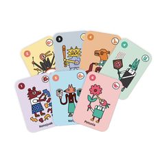 four different colored cards with cartoon characters on them