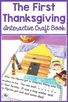 the first thanksgiving interactive craft book with pictures and words on it, including an image of a