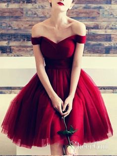 Off the Shoulder Maroon Homecoming Dresses Tulle Knee Length Burgundy Hoco Dress ARD1211-SheerGirl Burgundy Hoco Dresses, Ruffle Tulle Dress, Burgundy Homecoming Dress, Burgundy Formal Dress, Burgundy Homecoming Dresses, Knee Length Bridesmaid Dresses, Tulle Homecoming Dress, Red Homecoming Dresses, Junior Prom Dresses