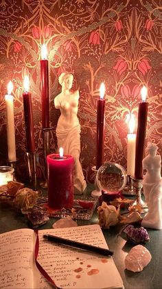 a table topped with lots of candles and writing