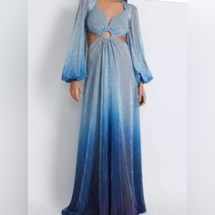 Patbo Size 8 This Floor-Grazing Gown In A Shimmery Lurex Fabric Features A Dramatic Plunge Neckline And Two Ribcage Cutouts. Fabric-Covered Ring Detail At Center. Concealed Back Zipper Closure On Skirt And Zipper Closure Behind The Neck. Fully Lined. Runs True To Size. Perfect Condition. Beautiful Blue Ombr Color (Looks More Like Professional Photos Shown) Aegean Blue, Lurex Fabric, Professional Photos, Plunge Neckline, Rib Cage, Long Gown, Cutout Dress, Professional Photo, Plunging Neckline