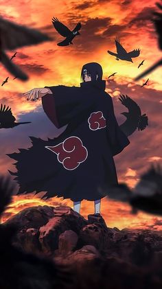 an anime character standing on top of a hill with birds flying around him and the sky in the background