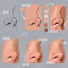 how to draw the nose with different shapes and colors for beginner's drawing