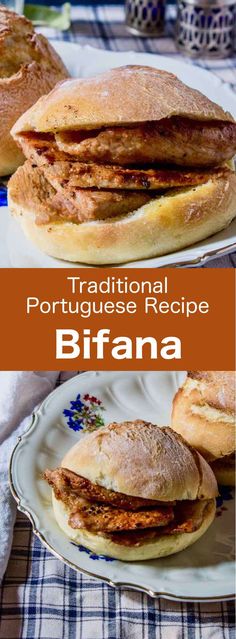 two plates with sandwiches on them and the words traditional portuguese recipe bifrana in front