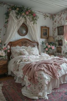 a bed sitting in a bedroom next to a window covered in curtains and pink flowers