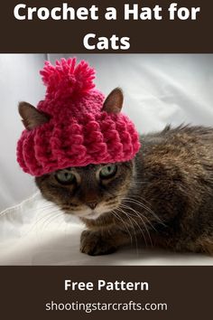 a cat wearing a pink knitted hat laying on top of a white sheeted surface