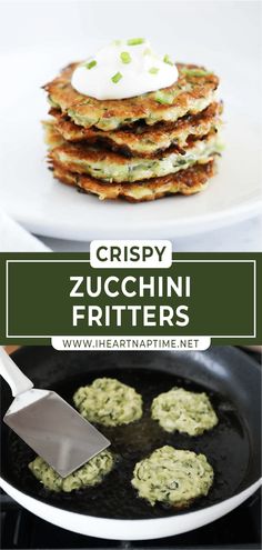 zucchini fritters in a pan with a spatula on the side