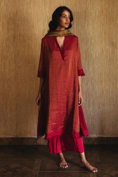 Buy Shorshe Clothing Maroon Handloom Striped Kurta Palazzo Set Online | Aza Fashions Stripes Suits Women Indian, Red Kurta Set Women, Casual Kurtas Women, Red Kurta Women Indian, Red Suits For Women Indian, Organza Palazzo, Red Kurta Set, Handloom Kurta, Red Salwar Suit