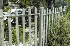 a white picket fence surrounded by tall grass