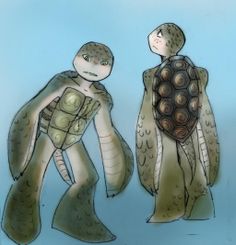 an image of two people dressed as sea turtles with shell armor and turtle shells on their backs