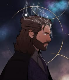 a man with long hair and beard standing in front of a sky filled with stars