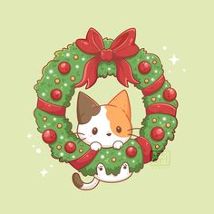 a christmas wreath with a cat in it and a bow on the front of it