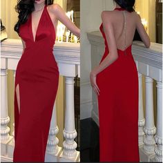 Red Halter Neck Dress For Prom Season, Halter Neck Gown For Prom Season Night Out, Prom Season Halter Neck Gown For Night Out, Halter Neck Gown For Prom Night Out, Red Halter Neck Dress For Prom, Red Halter Neck Evening Dress For Party, Backless Dresses For Prom Season And Red Carpet, Elegant Red Backless Maxi Dress, V-neck Evening Dress For Red Carpet Or Prom Season