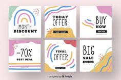 four different sale banners with colorful shapes