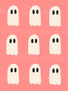 six white ghost faces with black eyes on a pink background