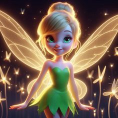 a cartoon fairy standing in front of some flowers