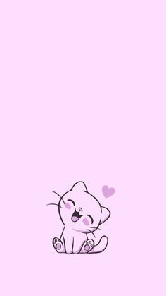 a pink background with a cartoon cat sitting on the ground and hearts flying in the air