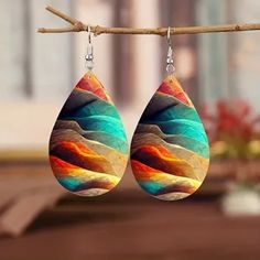 Clay Arts, Colorful Mountains, Ombre Fashion, Painted Earrings, Teardrop Dangle Earrings, Mountain Print, Game Dresses, Styl Boho, Accessories Jewelry Earrings