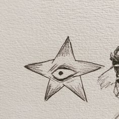 a drawing of an insect flying next to a star with the eye of a person