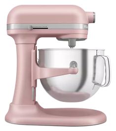 a pink mixer is shown on a white background