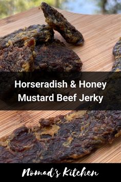 horseradish and honey mustard beef jerk on a cutting board