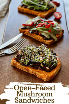 open faced mushroom sandwiches with a variety of toppings on each Mushroom Sandwiches, Vegan Mushroom Soup, Mushroom Sandwich, Hummus Sandwich, Dinner Rotation, Plant Based Recipes Easy, Open Faced Sandwich, Vegan Sandwich, Quick Meal