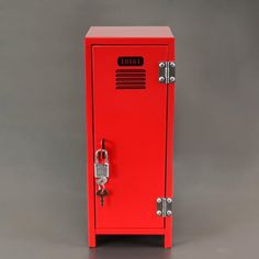 a red metal locker with a lock on it