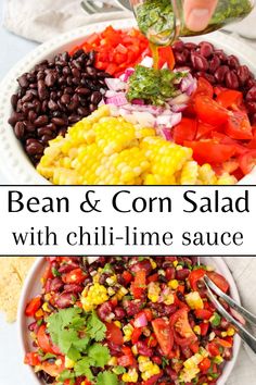 bean and corn salad with chili - lime sauce in a white bowl on a table