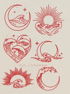 four different types of waves in the shape of heart and sun, with red ink on white paper