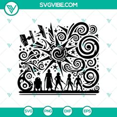 the wizard's family silhouette cut file is shown in black and white with swirly designs