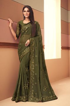 Bronze Olive Designer Embroidered Silk Wedding Saree-Saira's Boutique Green Dress With Resham Embroidery, Embroidery Stones, Wedding Pants, Indian Designer Sarees, Wedding Saree, Silk Wedding, Chiffon Saree, Fancy Sarees, Traditional Sarees