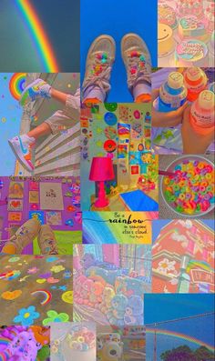 a collage of images with rainbows, candy, and other things in them