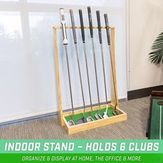 the indoor stand holds 6 clubs and includes 5 golf tees