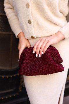 Elevate your style with this handmade burgundy crochet bag, a perfect blend of fashion and sustainability. Crafted from cord, this boho-chic clutch is both durable and stylish, making it the ideal accessory for any occasion--from casual day outings to elegant evening events. The deep burgundy color is a must-have for this season, offering a rich, warm tone that complements any wardrobe. The bag features a sleek chain strap, adding a touch of sophistication to the relaxed, handmade vibe. Height: 19 cm  Width: 26 cm  Strap Length: 112 or 120 cm Care Instructions: Spot clean or dry clean only to ensure it remains as vibrant as the day you bought it. Burgundy Clutch, Boho Clutch, Burgundy Bag, Women's Bags By Shape, Crochet Clutch, Sling Bags, Handbag Women, Women Handbag, Crochet Bags