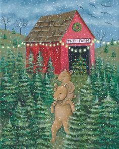 a painting of a christmas tree farm with a teddy bear hugging an elephant in front of the barn