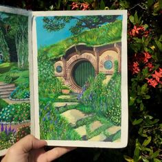 Hobbit landscape painting by gouache Hobbit Cat House, Hobbit Painting, Gouache Aesthetic, House Landscape Painting, Landscape Gouache, Himi Gouache, Painting With Gouache, Sketchbook Spreads, Painting Videos Tutorials