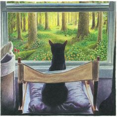 a black cat sitting on top of a bed in front of a forest filled with trees