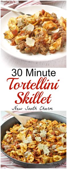 some food that is in a pan and on a plate with the words 30 minute toffellini skillet