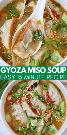 gyoza soup in bowl with spoon topped with diced green onions Japanese Soup Dumplings, Miso Soup With Shrimp, Garlic Miso Soup, Japanese Chicken Broth Soup, Dumplings Soup Asian, Easy Lunch Soup Recipes, Miso Broth Soup, Miso Wonton Soup Recipe, Miso Soup Dumplings