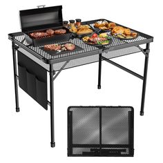 an outdoor grill table with food on it and two bins for storage underneath the table