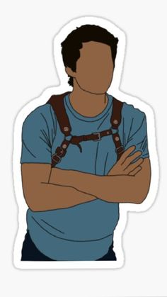 a man with his arms crossed wearing a blue shirt and brown suspenders sticker