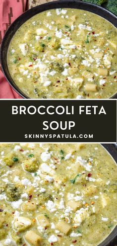 broccoli feta soup in a cast iron skillet with text overlay