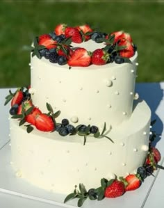 a three tiered cake with berries and blueberries on the top is sitting on a table